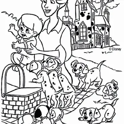 Desenho de 101 Dálmatas: A personagem Anita segurando uma criança ou bebê. Cerca de nove filhotes estão em volta de uma cesta de piquenique. No fundo, há um castelo ou casa grande com manchas dálmatas e uma árvore.