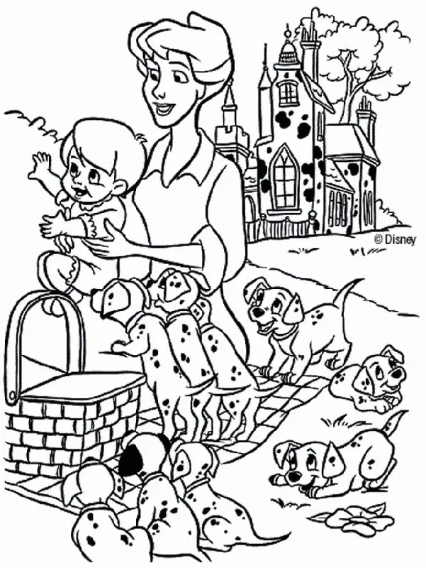 Desenho de 101 Dálmatas: A personagem Anita segurando uma criança ou bebê. Cerca de nove filhotes estão em volta de uma cesta de piquenique. No fundo, há um castelo ou casa grande com manchas dálmatas e uma árvore.