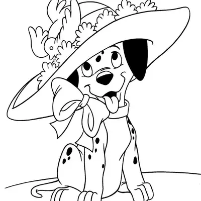 Desenho de 101 Dálmatas: Um filhote dálmata sentado, sorrindo com a língua para fora. O filhote usa um chapéu grande e elegante, decorado com flores/folhagem e um pássaro. Há também um laço grande no pescoço.