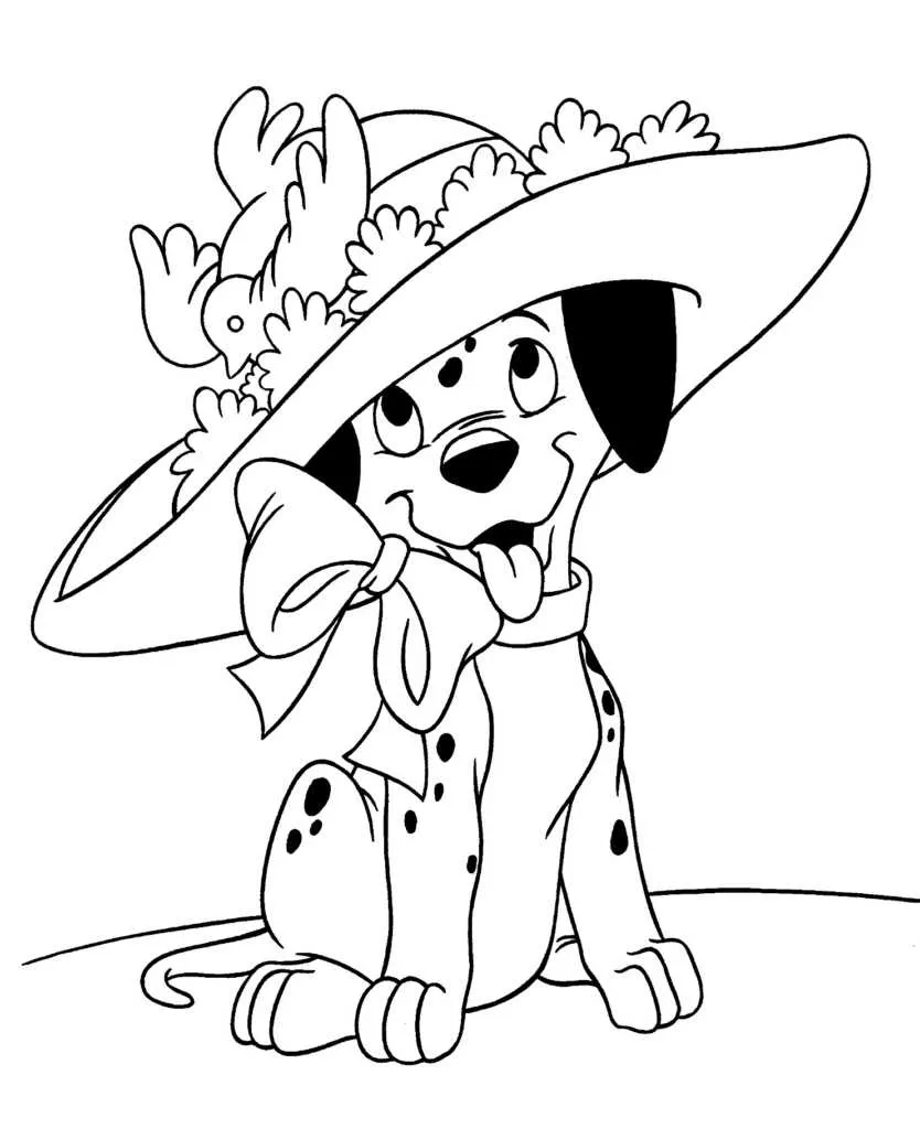 Desenho de 101 Dálmatas: Um filhote dálmata sentado, sorrindo com a língua para fora. O filhote usa um chapéu grande e elegante, decorado com flores/folhagem e um pássaro. Há também um laço grande no pescoço.