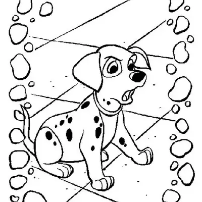 Desenho de 101 Dálmatas: Um filhote dálmata sentado no chão, com a boca aberta, em expressão de bravo ou latindo. O desenho é cercado por uma moldura de pedras ovais.