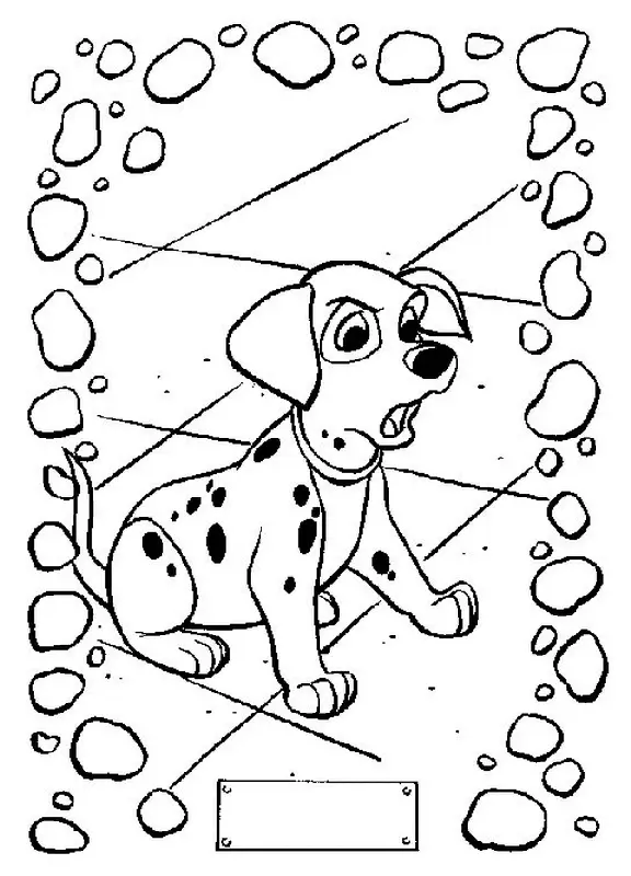 Desenho de 101 Dálmatas: Um filhote dálmata sentado no chão, com a boca aberta, em expressão de bravo ou latindo. O desenho é cercado por uma moldura de pedras ovais.