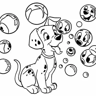 Desenho de 101 Dálmatas: Um filhote dálmata sentado e sorrindo, com a língua para fora, brincando no meio de muitas bolhas de sabão. Algumas bolhas são grandes e mostram o reflexo do filhote.