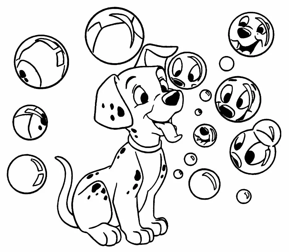 Desenho de 101 Dálmatas: Um filhote dálmata sentado e sorrindo, com a língua para fora, brincando no meio de muitas bolhas de sabão. Algumas bolhas são grandes e mostram o reflexo do filhote.