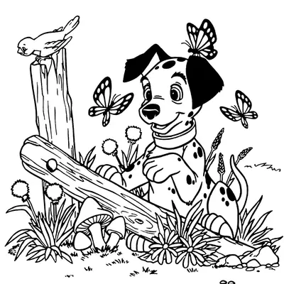 101 Dálmatas: Desenho de Filhote Sentado no Jardim, com Borboletas e Pássaro