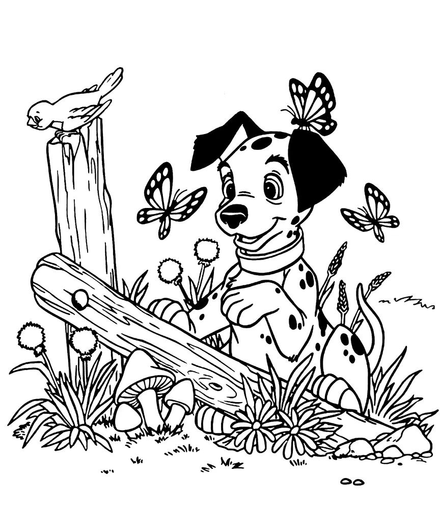 Desenho de 101 Dálmatas: Um filhote dálmata feliz e curioso sentado em um jardim. O filhote está cercado por flores, cogumelos e borboletas. Um pássaro está empoleirado em um toco de madeira. O filhote tem uma pata apoiada em um tronco de madeira.