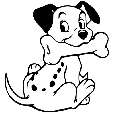 Desenho de 101 Dálmatas: Um filhote dálmata fofo sentado e sorrindo, segurando um osso grande ou enorme na boca.