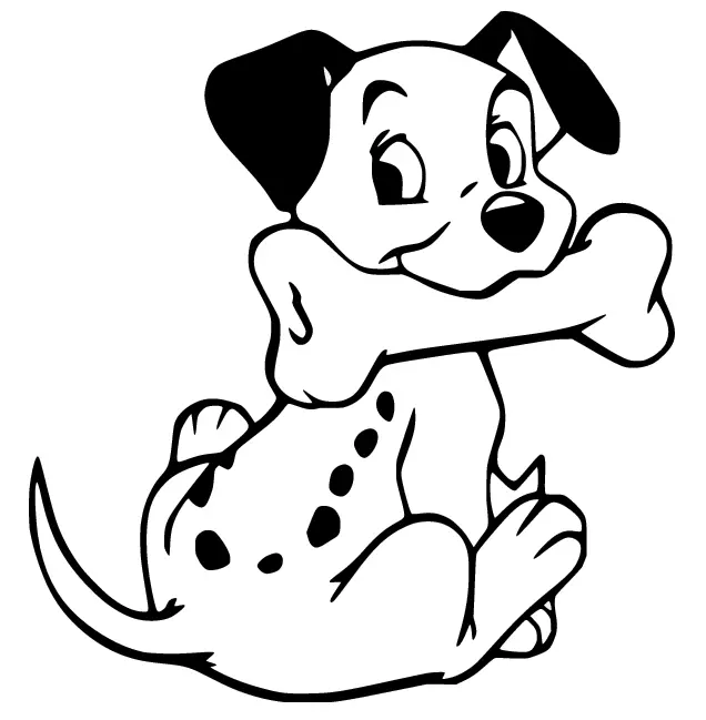 Desenho de 101 Dálmatas: Um filhote dálmata fofo sentado e sorrindo, segurando um osso grande ou enorme na boca.