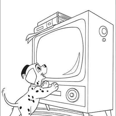Desenho de 101 Dálmatas: Um filhote dálmata, de pé e apoiado em uma televisão antiga, olhando para a tela com curiosidade. A TV tem pés e livros empilhados em cima. O filhote está sobre um tapete redondo com listras.