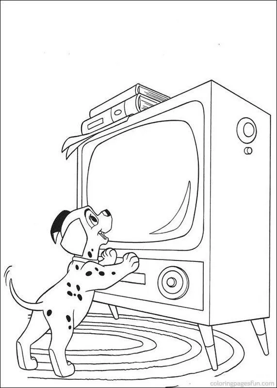 Desenho de 101 Dálmatas: Um filhote dálmata, de pé e apoiado em uma televisão antiga, olhando para a tela com curiosidade. A TV tem pés e livros empilhados em cima. O filhote está sobre um tapete redondo com listras.
