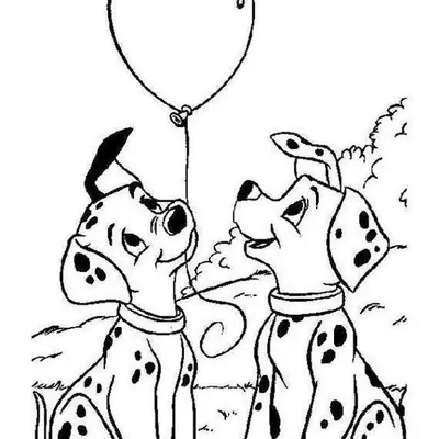 Desenho de 101 Dálmatas: Dois filhotes sentados na grama, felizes, brincando com um balão grande. Um dos filhotes está segurando o barbante do balão com a boca.