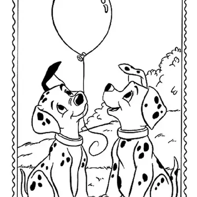 Desenho de 101 Dálmatas: Dois filhotes dálmatas sentados no campo. Um filhote segura o cordão de um balão flutuante, e o outro está ao lado. A cena tem um arbusto ao fundo e é cercada por uma moldura com borda picotada.