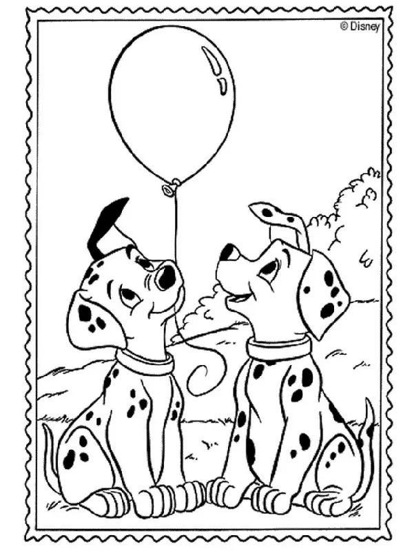 Desenho de 101 Dálmatas: Dois filhotes dálmatas sentados no campo. Um filhote segura o cordão de um balão flutuante, e o outro está ao lado. A cena tem um arbusto ao fundo e é cercada por uma moldura com borda picotada.