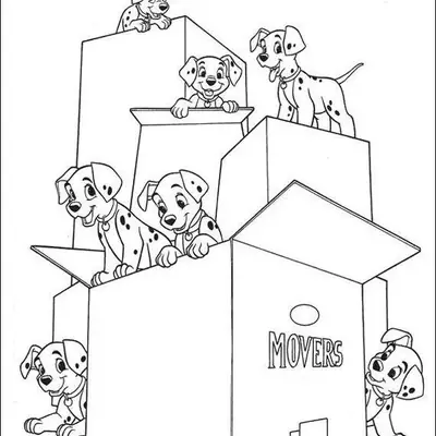 Desenho de 101 Dálmatas: Sete filhotes dálmatas brincando e se escondendo em caixas de papelão empilhadas. Os filhotes estão dentro, em cima e atrás das caixas, algumas marcadas com 
