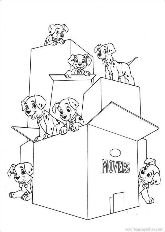 Desenho de 101 Dálmatas: Sete filhotes dálmatas brincando e se escondendo em caixas de papelão empilhadas. Os filhotes estão dentro, em cima e atrás das caixas, algumas marcadas com "MOVERS".