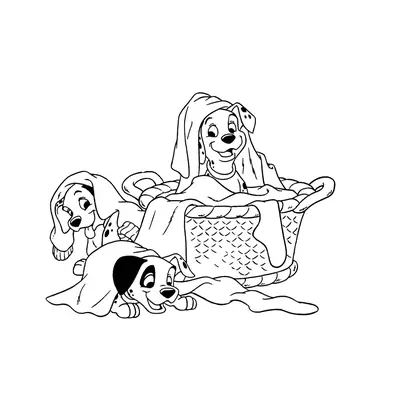 101 Dálmatas: Desenho de Filhotes Brincando no Cesto e Embaixo de Roupas