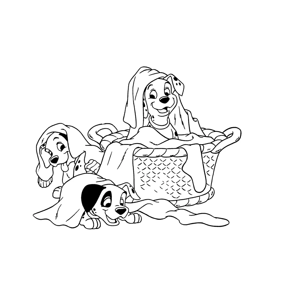 Desenho de três filhotes dálmatas: um filhote está dentro de um cesto de roupa (vime) e os outros dois estão debaixo de toalhas ou roupas. Eles estão alegres e brincando.