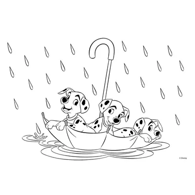 101 Dálmatas: Desenho de Três Filhotes Navegando em um Guarda-Chuva na Chuva