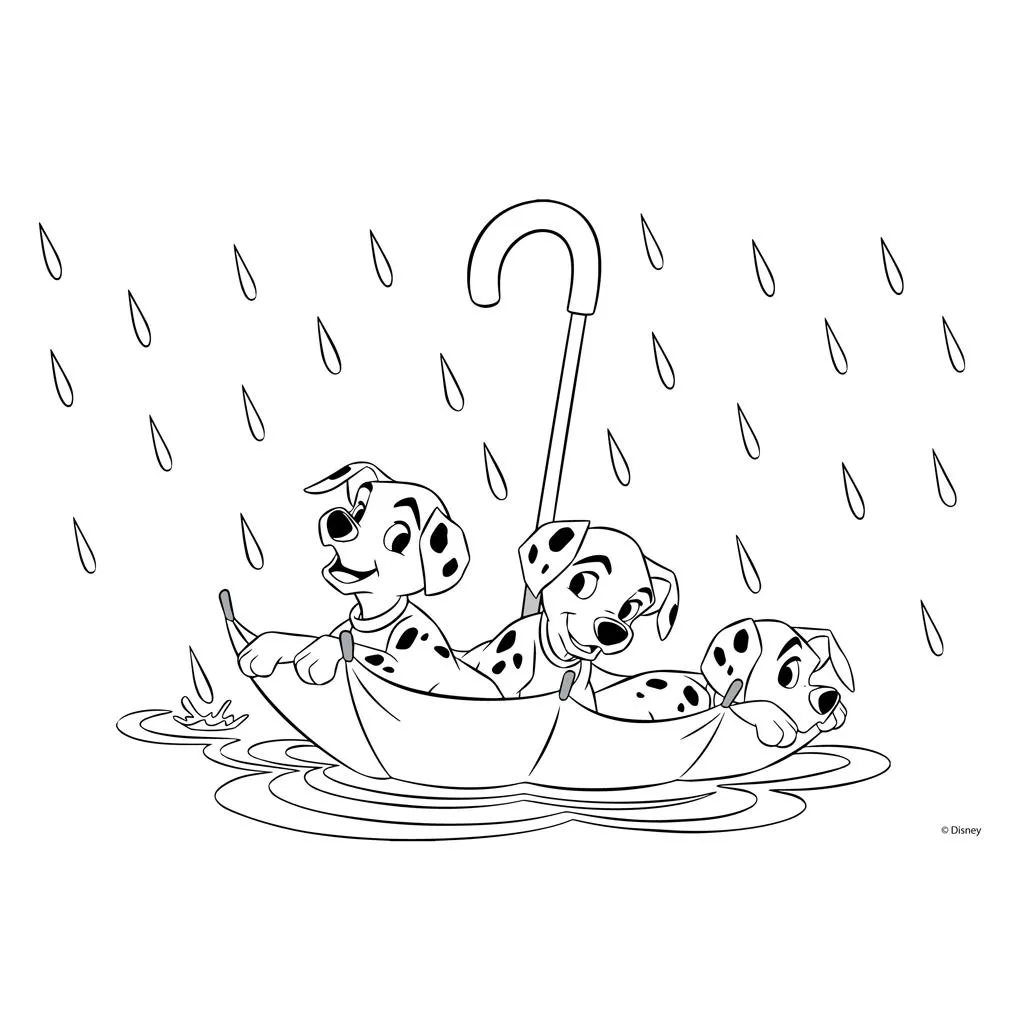 Desenho de 101 Dálmatas: Três filhotes dálmatas, dois alegres e um dormindo, usando um guarda-chuva de cabeça para baixo como um pequeno barco flutuando em uma poça, enquanto chove.