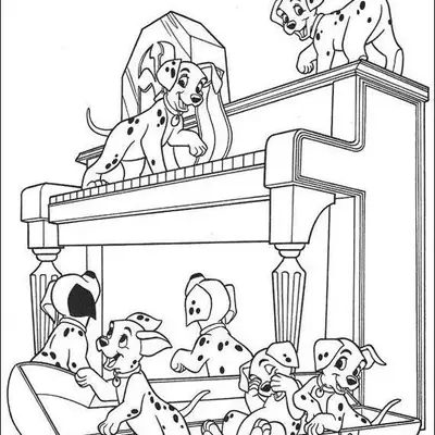 Desenho de 101 Dálmatas: Sete filhotes dálmatas fazendo bagunça em um piano ou instrumento musical. Três filhotes estão dentro da abertura inferior do piano, um sobre as teclas e outro está em cima do instrumento.
