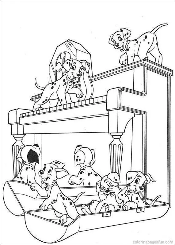 Desenho de 101 Dálmatas: Sete filhotes dálmatas fazendo bagunça em um piano ou instrumento musical. Três filhotes estão dentro da abertura inferior do piano, um sobre as teclas e outro está em cima do instrumento.