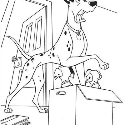 Desenho de 101 Dálmatas: Pongo (personagem da Disney) com a boca aberta em susto, olhando para dois filhotes que saem de uma caixa de papelão. Uma porta aberta e um livro no chão detalham a cena doméstica.