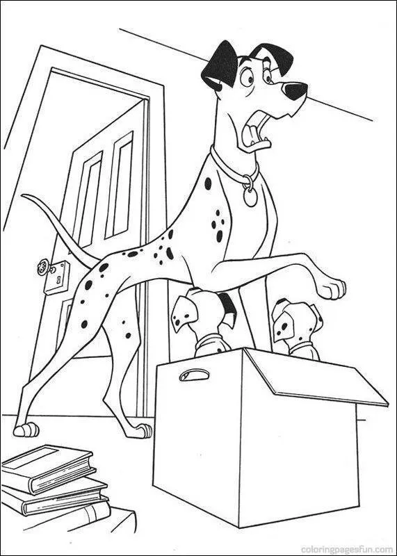 Desenho de 101 Dálmatas: Pongo (personagem da Disney) com a boca aberta em susto, olhando para dois filhotes que saem de uma caixa de papelão. Uma porta aberta e um livro no chão detalham a cena doméstica.