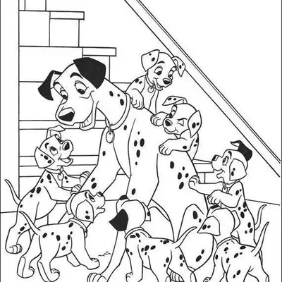 Desenho de 101 Dálmatas: Pongo (dálmata adulto) cercado por cerca de 7 filhotes, com alguns pendurados em seu pescoço e costas. A cena se passa sobre um tapete, próximo a uma escada de madeira.