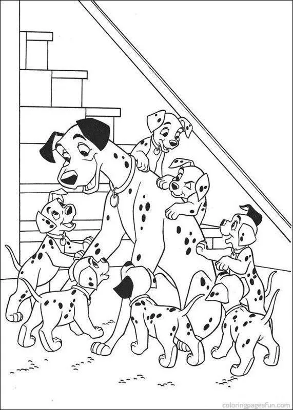 Desenho de 101 Dálmatas: Pongo (dálmata adulto) cercado por cerca de 7 filhotes, com alguns pendurados em seu pescoço e costas. A cena se passa sobre um tapete, próximo a uma escada de madeira.