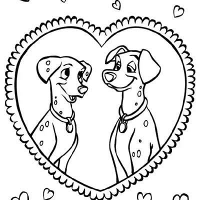 Desenho de 101 Dálmatas: Os personagens Pongo e Perdita (o casal dálmata) se olhando com carinho, emoldurados por um coração grande. O desenho tem vários corações pequenos espalhados ao redor da moldura. Tema de amor e amizade.