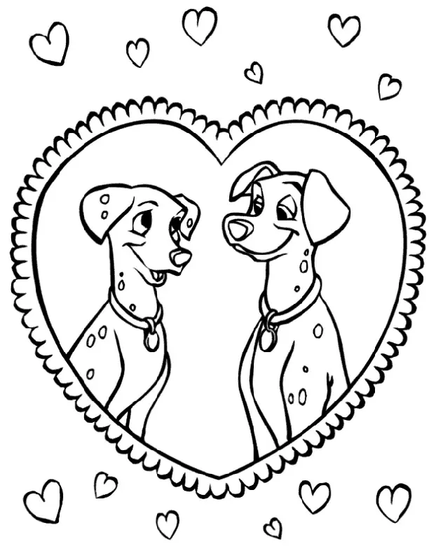 Desenho de 101 Dálmatas: Os personagens Pongo e Perdita (o casal dálmata) se olhando com carinho, emoldurados por um coração grande. O desenho tem vários corações pequenos espalhados ao redor da moldura. Tema de amor e amizade.