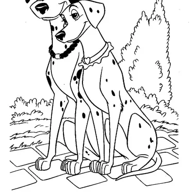 Desenho de 101 Dálmatas: Os personagens Pongo e Perdita estão sentados, encostados um no outro (abraçados). Eles estão em uma calçada ou chão de pedras, com arbustos e vegetação ao fundo. Cena romântica ao ar livre.