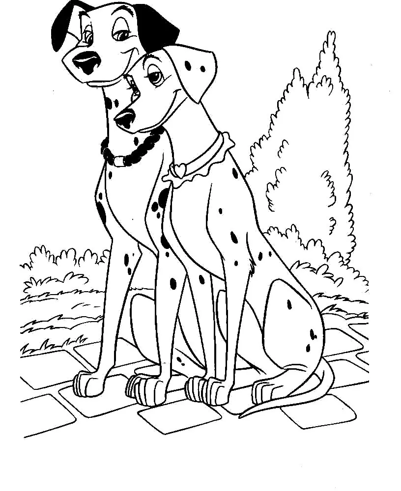 Desenho de 101 Dálmatas: Os personagens Pongo e Perdita estão sentados, encostados um no outro (abraçados). Eles estão em uma calçada ou chão de pedras, com arbustos e vegetação ao fundo. Cena romântica ao ar livre.