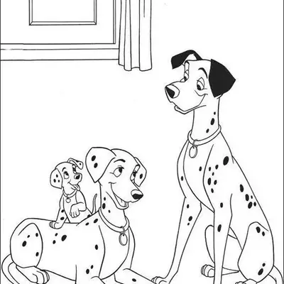 Desenho de 101 Dálmatas: Perdita (dálmata fêmea) está deitada no chão e Pongo (dálmata macho) está sentado. Um filhote está em cima de Perdita, no colo da mãe. Cena familiar com os pais dálmatas e um filhote, com uma janela e cortina no fundo.