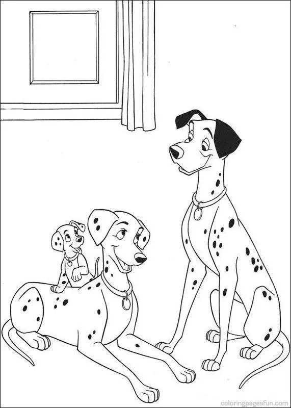 Desenho de 101 Dálmatas: Perdita (dálmata fêmea) está deitada no chão e Pongo (dálmata macho) está sentado. Um filhote está em cima de Perdita, no colo da mãe. Cena familiar com os pais dálmatas e um filhote, com uma janela e cortina no fundo.