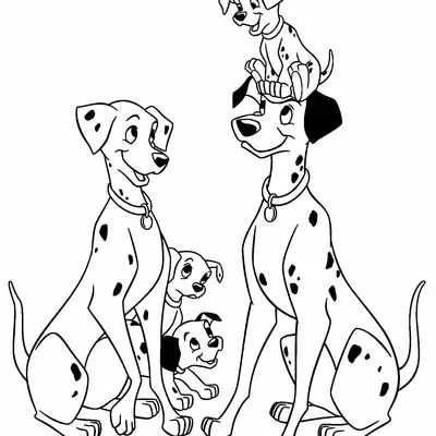 Desenho de 101 Dálmatas: Os pais Pongo e Perdita estão sentados, com três filhotes. Um filhote está sentado diretamente sobre a cabeça de Pongo, olhando para a frente. Os outros dois filhotes estão entre os pais.