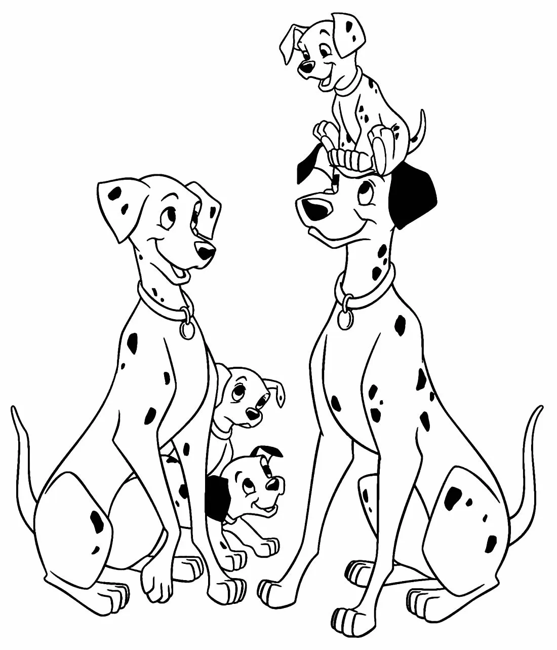 Desenho de 101 Dálmatas: Os pais Pongo e Perdita estão sentados, com três filhotes. Um filhote está sentado diretamente sobre a cabeça de Pongo, olhando para a frente. Os outros dois filhotes estão entre os pais.