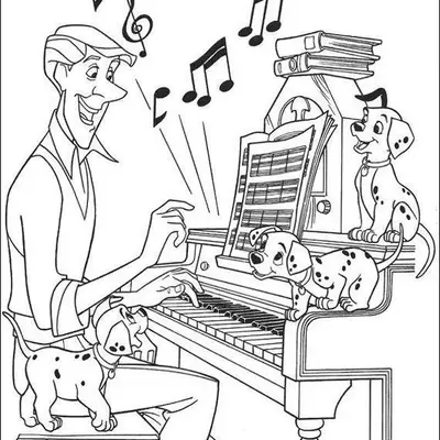 Desenho de 101 Dálmatas: O personagem Roger tocando um piano e sorrindo, cercado por três filhotes. Um filhote está na banqueta, um na beirada do piano e outro em cima. Notas musicais e uma partitura estão visíveis.