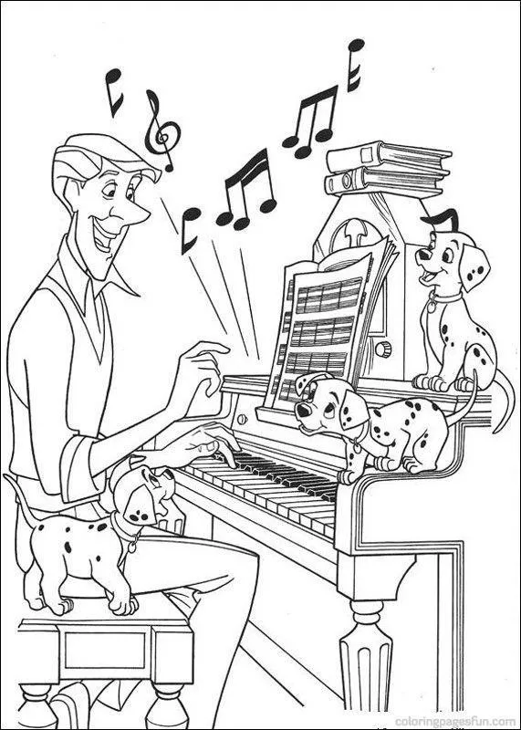 Desenho de 101 Dálmatas: O personagem Roger tocando um piano e sorrindo, cercado por três filhotes. Um filhote está na banqueta, um na beirada do piano e outro em cima. Notas musicais e uma partitura estão visíveis.