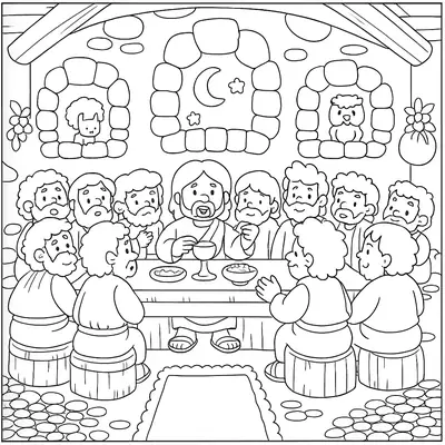 Desenho de contorno estilo infantil de Jesus sentado à mesa central com os doze discípulos ao redor, compartilhando pão e vinho em um cenário de pedra.