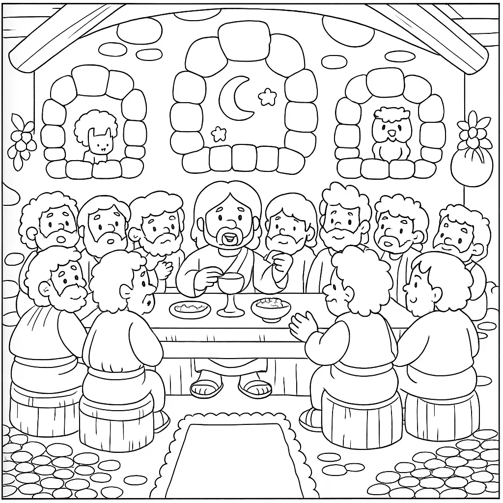 Desenho de contorno estilo infantil de Jesus sentado à mesa central com os doze discípulos ao redor, compartilhando pão e vinho em um cenário de pedra.