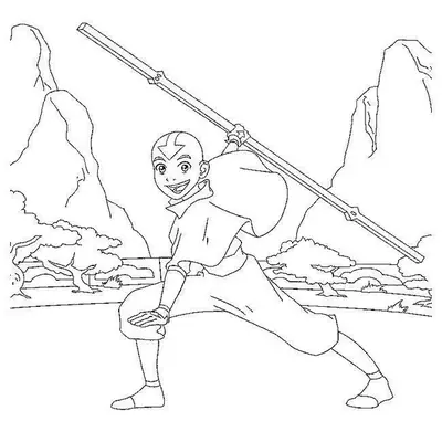 Desenho de contorno em preto e branco de Aang sorrindo, segurando seu bastão longo diagonalmente, em um cenário com montanhas, árvores e uma pequena ponte ao fundo.