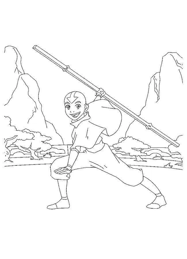 Desenho de contorno em preto e branco de Aang sorrindo, segurando seu bastão longo diagonalmente, em um cenário com montanhas, árvores e uma pequena ponte ao fundo.