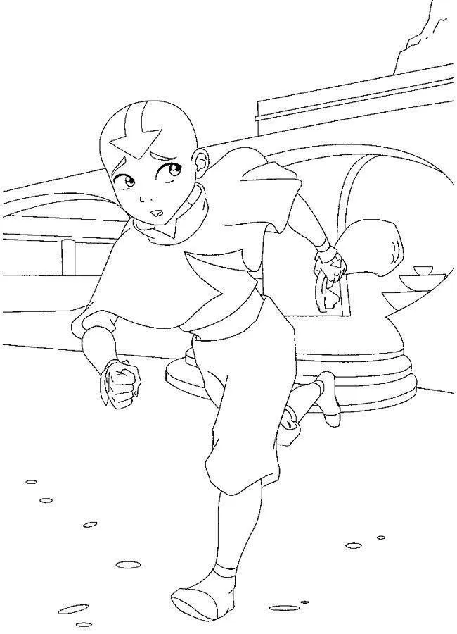 Desenho de contorno em preto e branco de Aang, de Avatar: A Lenda de Aang, correndo para a esquerda com uma expressão preocupada, em frente a uma estrutura de navio ou templo.