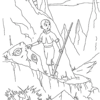 Desenho de contorno em preto e branco de Aang em um caminho de montanha, segurando seu bastão; há símbolos de redemoinho esculpidos em uma rocha à esquerda.