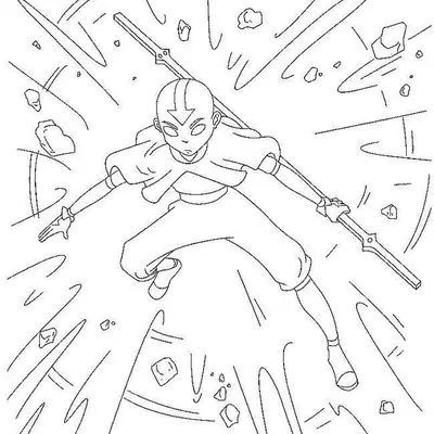 Desenho de contorno em preto e branco de Aang saltando com seu bastão estendido, rodeado por linhas de movimento, ventania e detritos de pedra no ar.
