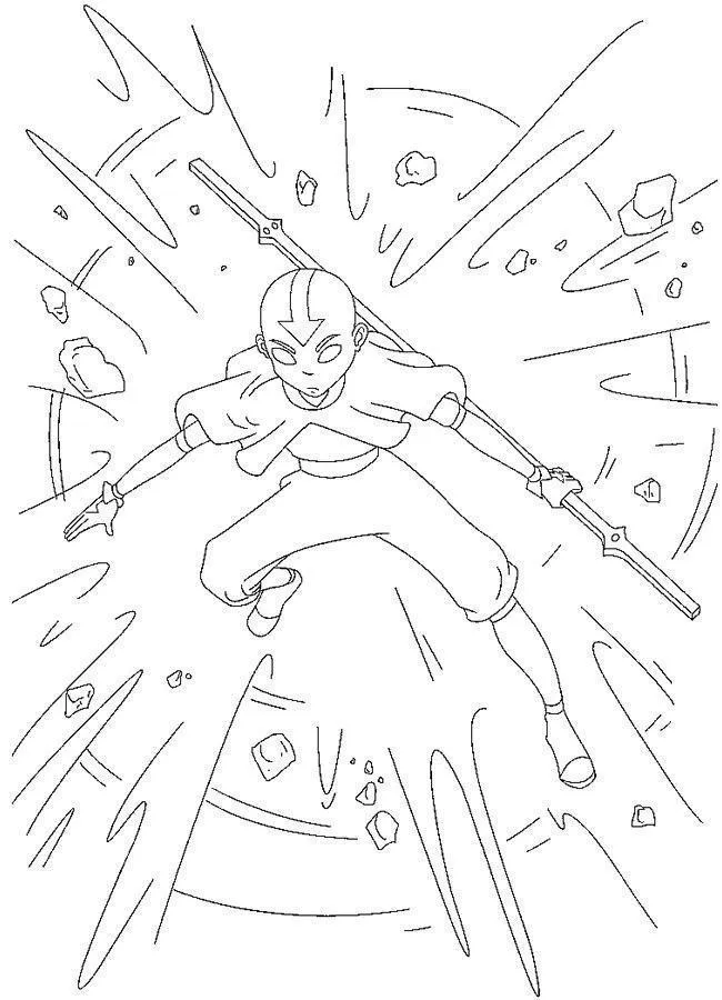 Desenho de contorno em preto e branco de Aang em pose dinâmica com o bastão nas costas, cercado por linhas de ação, poeira e pedras flutuando.