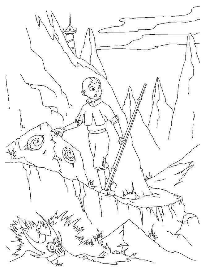 Desenho de contorno em preto e branco do personagem Aang com seu bastão, em pé sobre uma rocha com símbolos espirais, com montanhas e um templo ao fundo.