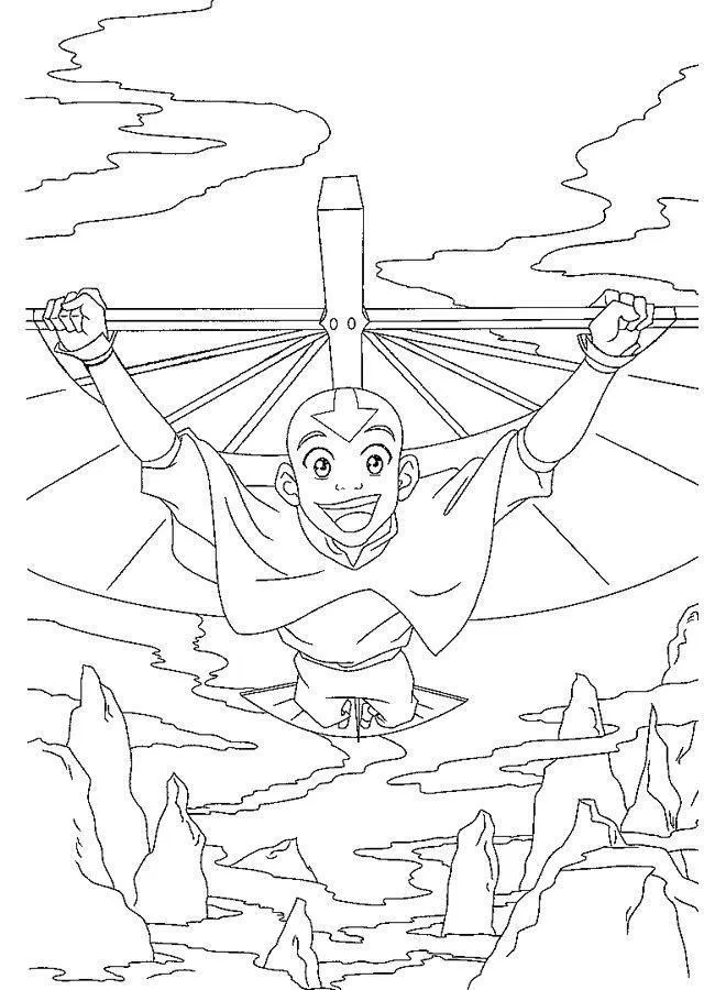 Desenho de contorno em preto e branco do personagem Aang sorrindo, preso ao seu planador aberto, sobrevoando montanhas pontiagudas e nuvens.