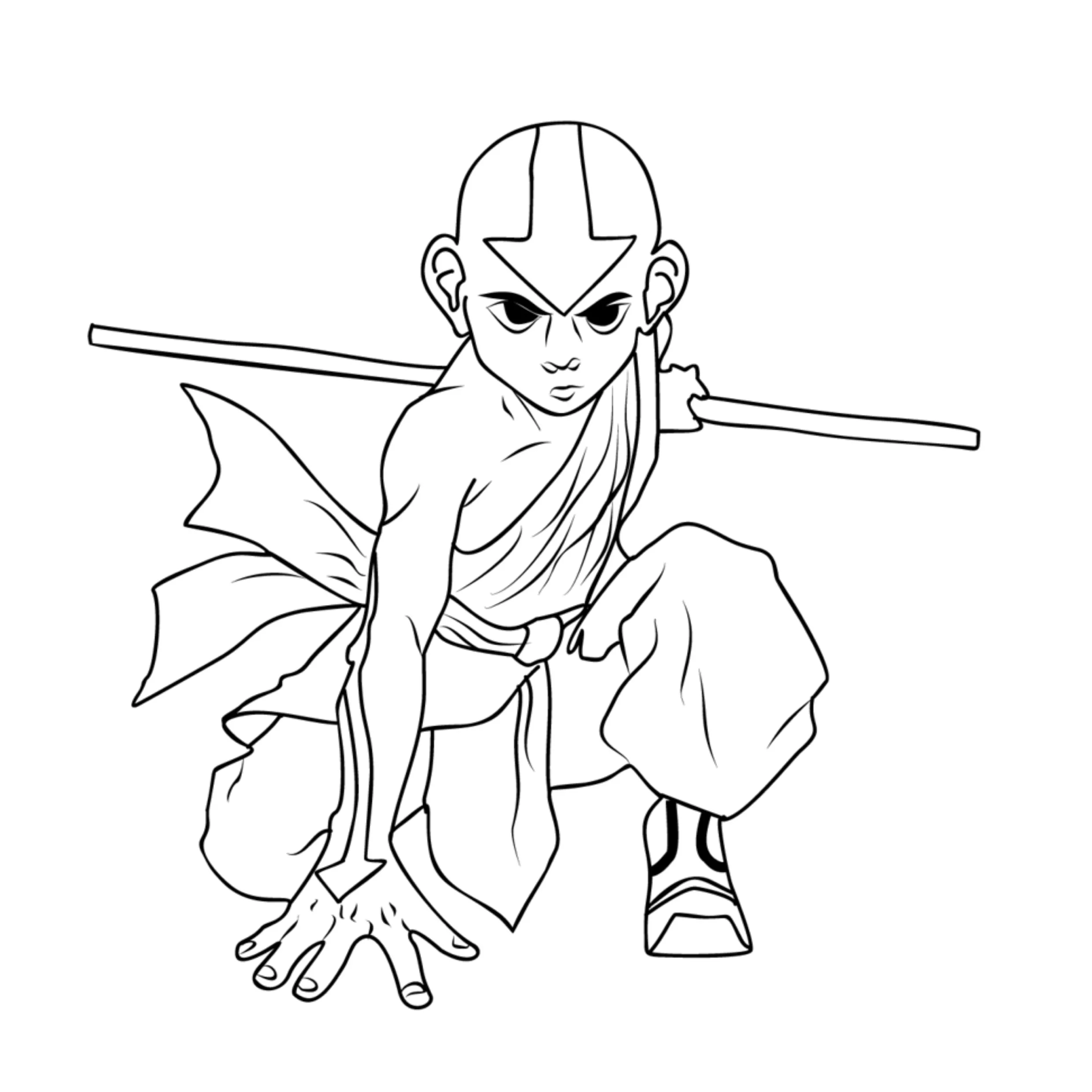 Desenho de contorno em preto e branco de Aang, de Avatar: A Lenda de Aang, agachado em pose de luta segurando um bastão atrás das costas.